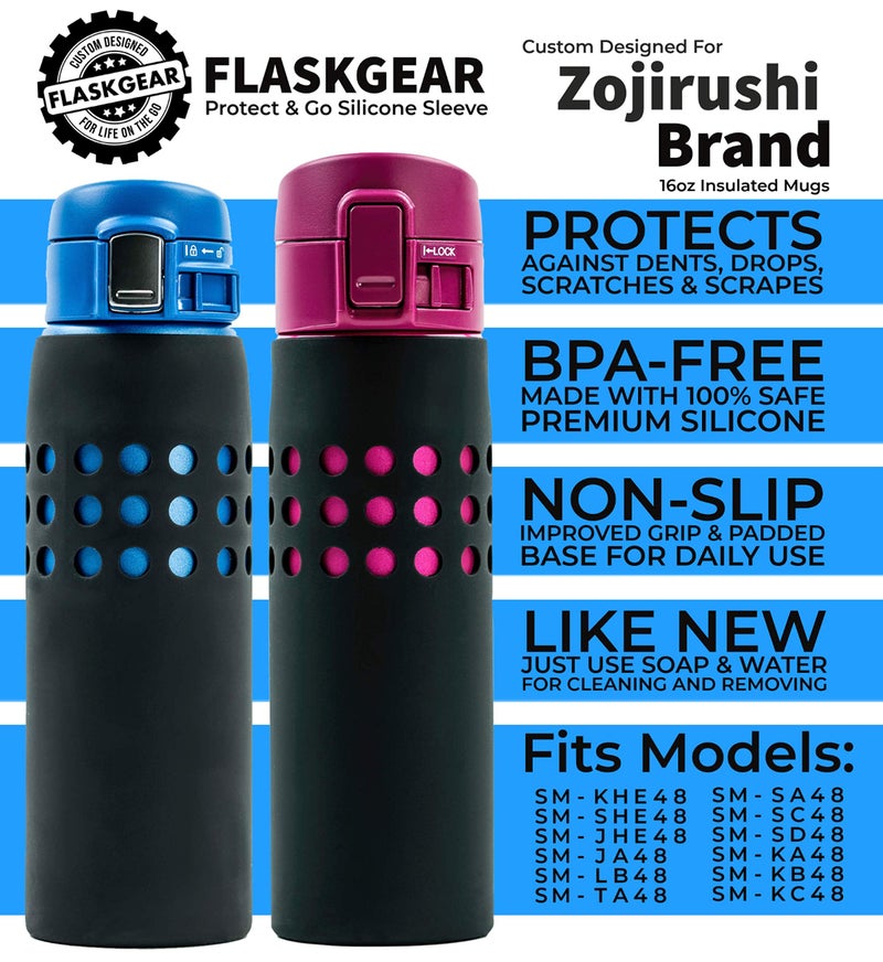 FLASKGEAR غطاء حماية من السيليكون من FLASKGEAR Protect & Go متوافق مع زجاجة مياه ترمس معزولة من العلامة التجارية Zojirushi (أسود، 16 أونصة / 0.48 لتر) - Image 2